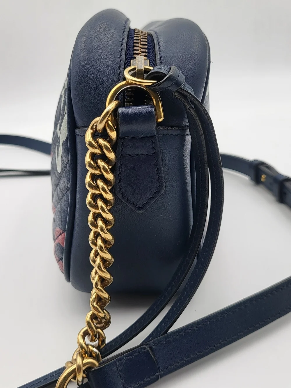 GUCCI Blue Ghost Print Quilted Leather Marmont Metalasse Bag, Authentic w/COA.